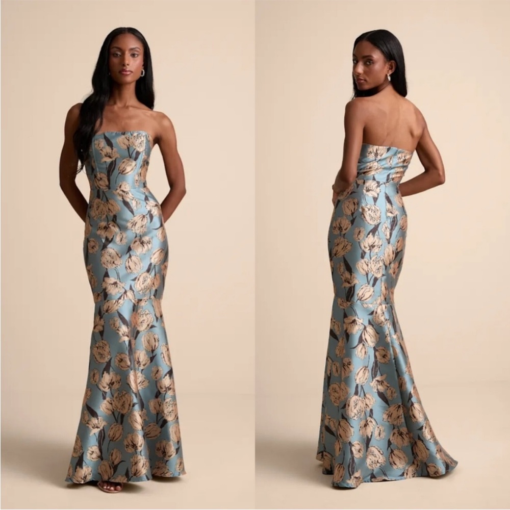 Lulu's Strapless Floral Jacquard Maxi in Light Blue and Gold